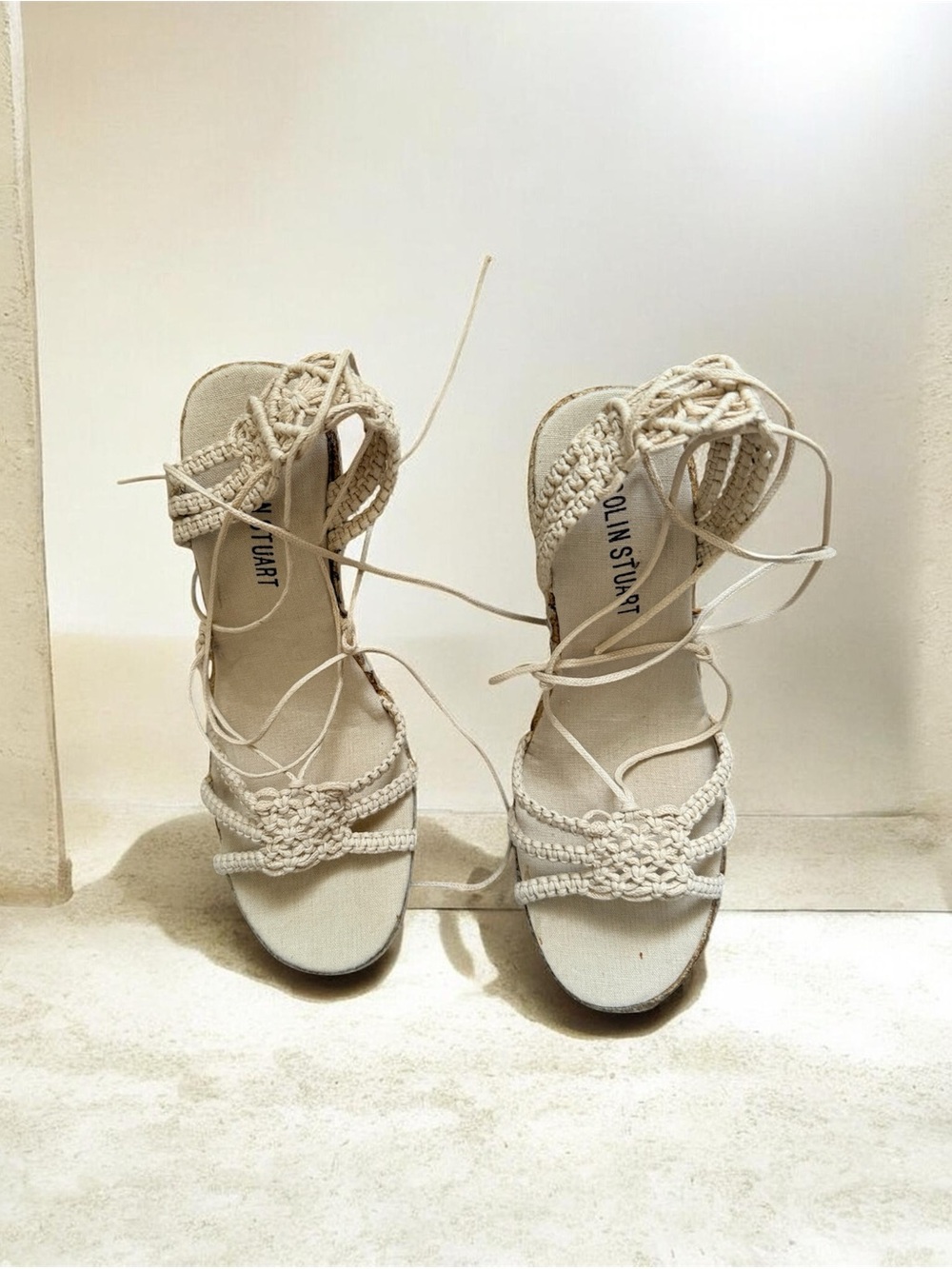 Colin Stuart Cream Braided Lace-Up Sandals with Ankle Wrap